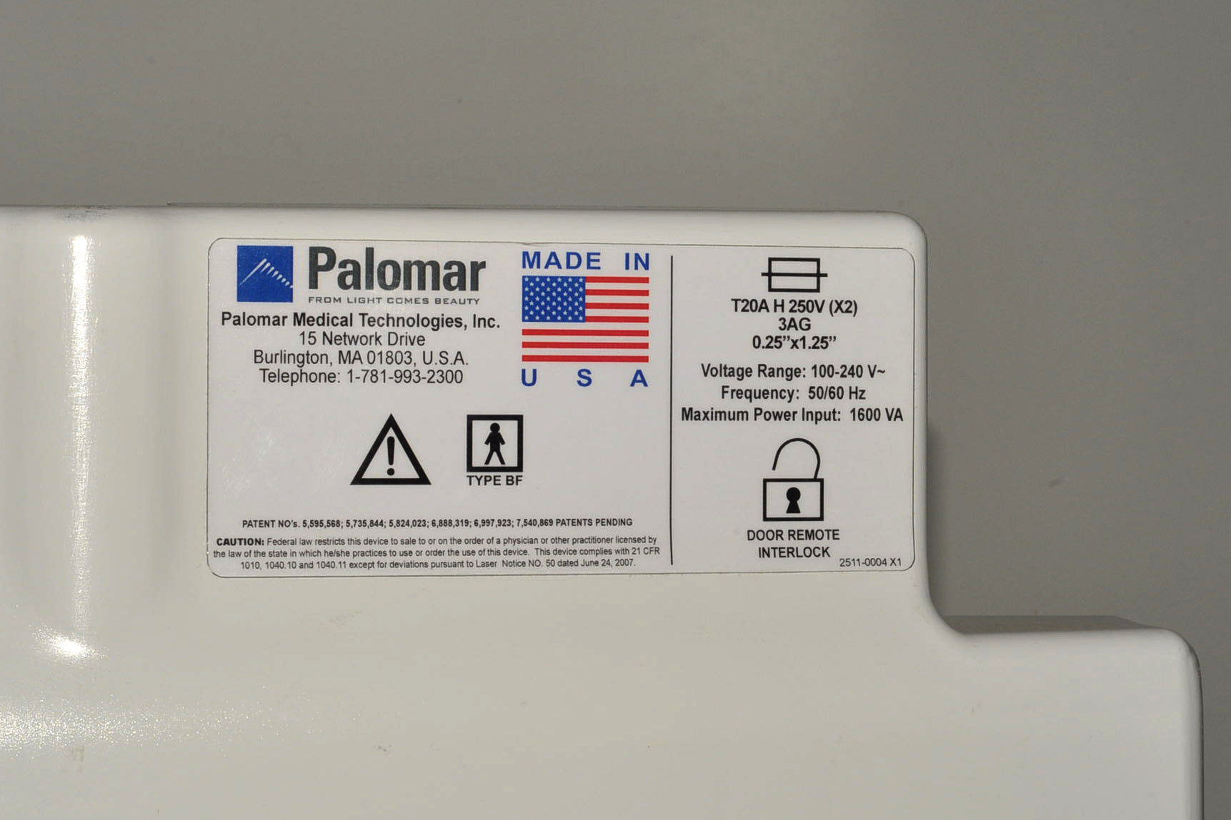 PALOMAR Medical Icon Laser T20A Back Cover White OEM Factory Plate 2511-0004 X1