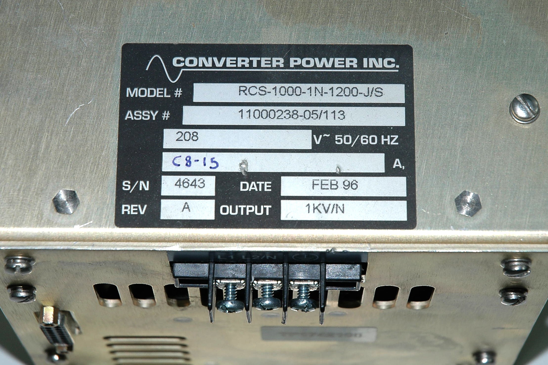 CONVERTER POWER 1000 Volt RCS-1000-1N-1200-J/S Electrical Charging Supply 208VAC