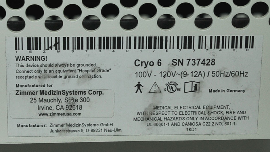 737428 Zimmer Cryo 6 Chiller Epidermal Skin Cooling System - Laser IPL Treatments Cryo6