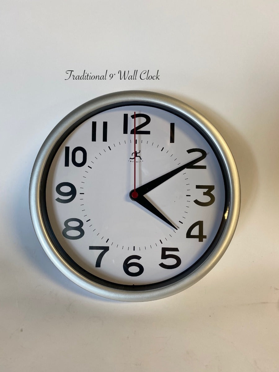 Silver Traditional 9" Wall Clock For Office Warehouse School Edition AA Battery