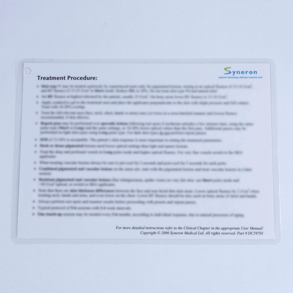 Syneron SR Skin Rejuvenation Treatment Quick Reference eLight eMax Aurora Galaxy