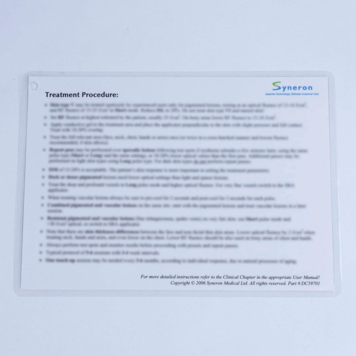 Syneron SR Skin Rejuvenation Treatment Quick Reference eLight eMax Aurora Galaxy