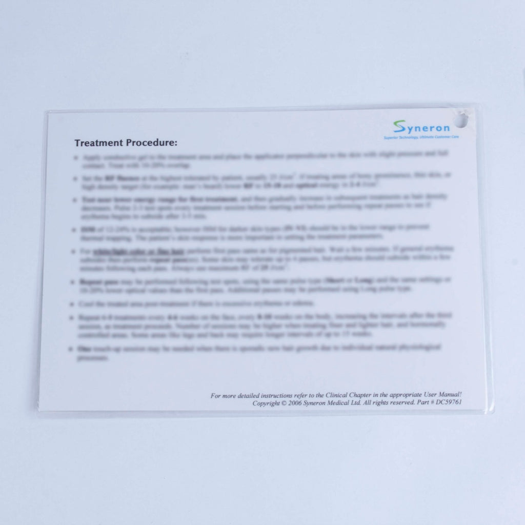 Syneron DS Hair Removal Treatment Quick Reference eLight eMax Aurora Galaxy