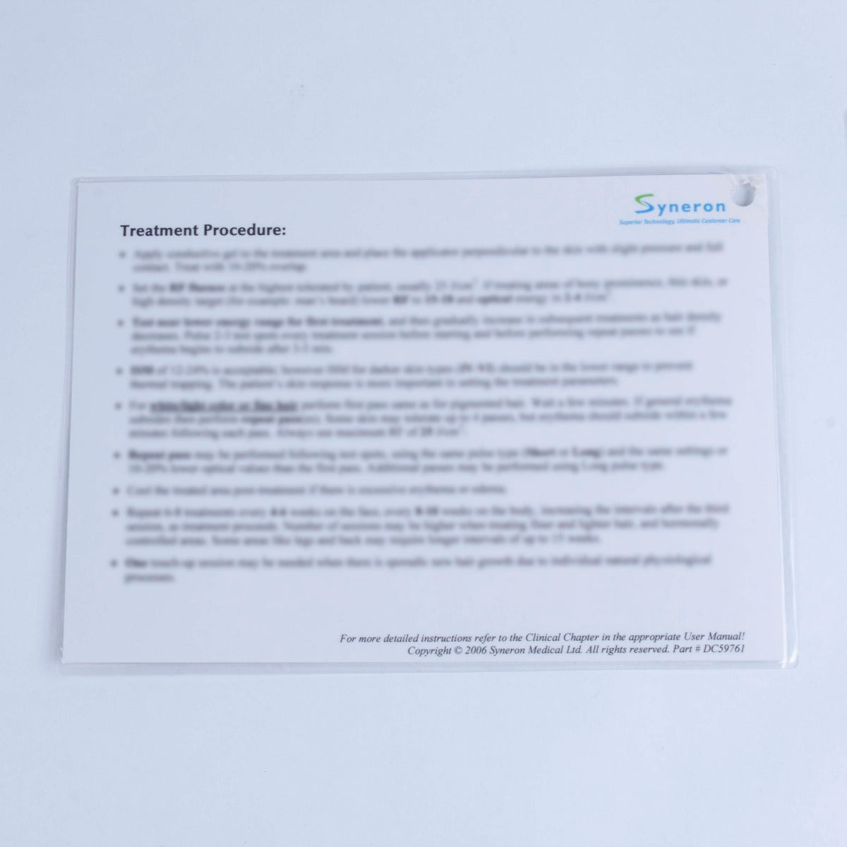 Syneron DS Hair Removal Treatment Quick Reference eLight eMax Aurora Galaxy