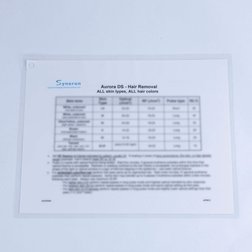 Syneron Aurora DS SR Skin Renewal Hair Removal Quick Treatment Reference Guide