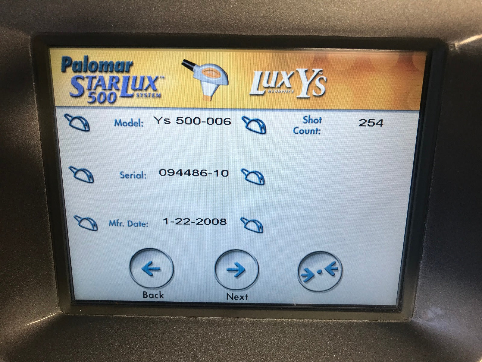 2008 Palomar Starlux 500 Lux Ys IPL Hair Removal Pigment Handpiece LOW SHOTS