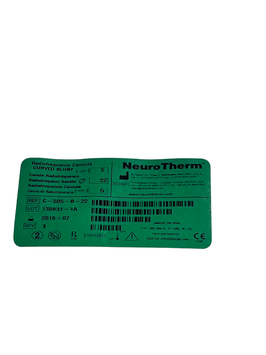 NeuroTherm ThermiRF C-505-B-22 Radiofrequency Cannula CURVED BLUNT 2016-07