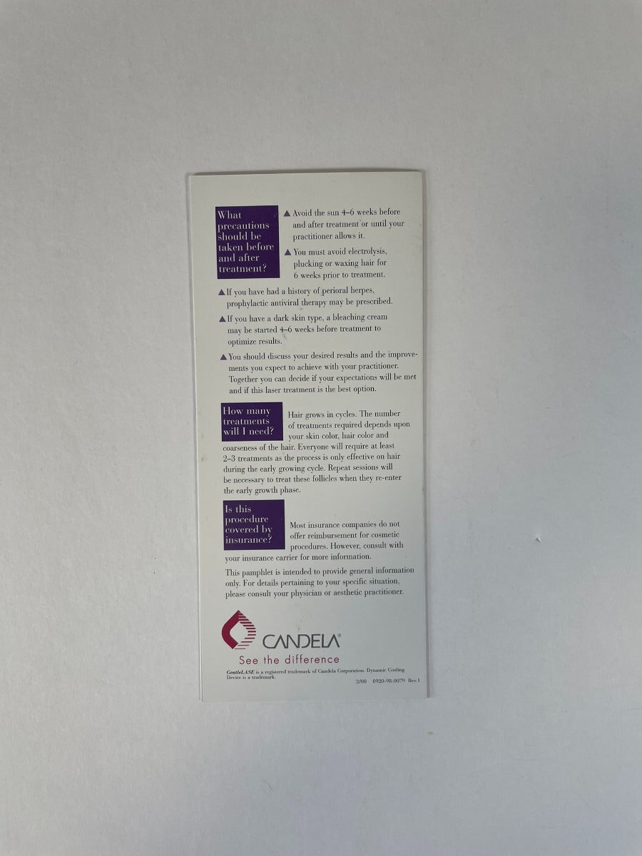 CANDELA, Laser Hair Removal for Men and Woman, Patient Information, Brochure, 0920-98-0079 Rev.1, 2/00 (25 Brochures)