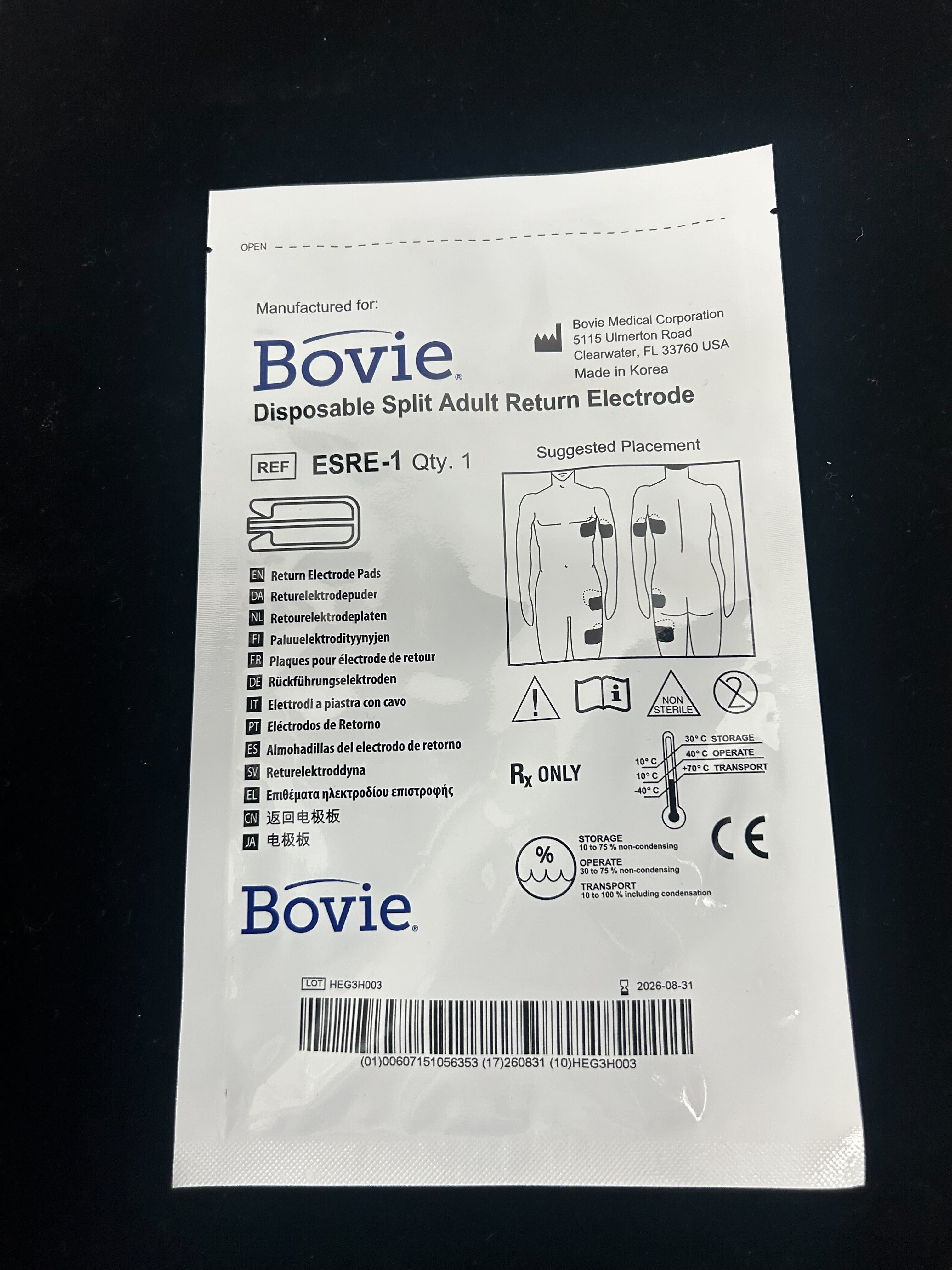 Bovie Disposable Split Adult Electrosurgical Ground Pad ESRE-1 (Single Pad)
