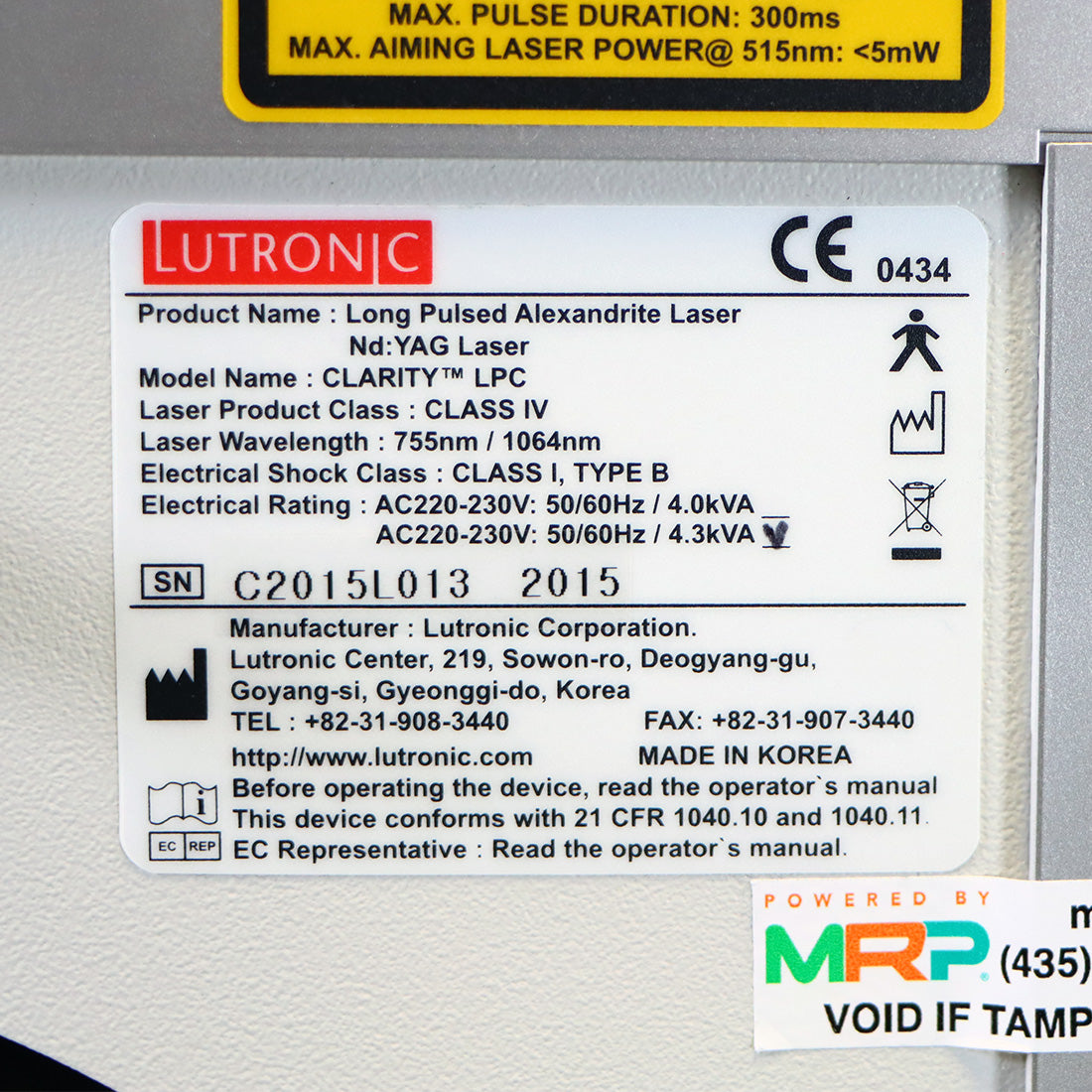 2015 Lutronic Clarity LPC Long Pulsed Alexandrite Nd:Yag Laser System