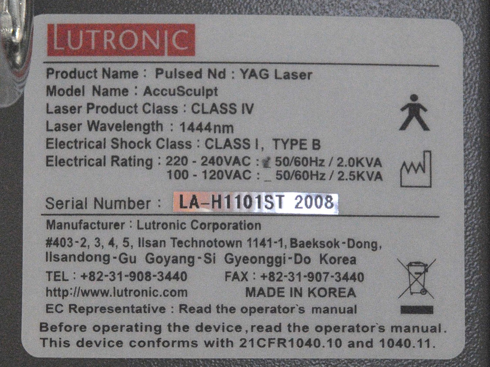 2008 LUTRONIC AccuSculpt Laser Nd YAG 1444nm Body Contouring Facial Accu Sculpt
