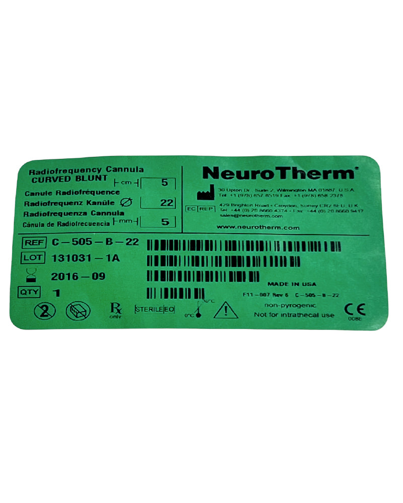 NeuroTherm ThermiRF C-505-B-22 Radiofrequency Cannula CURVED BLUNT EXP 2016-09
