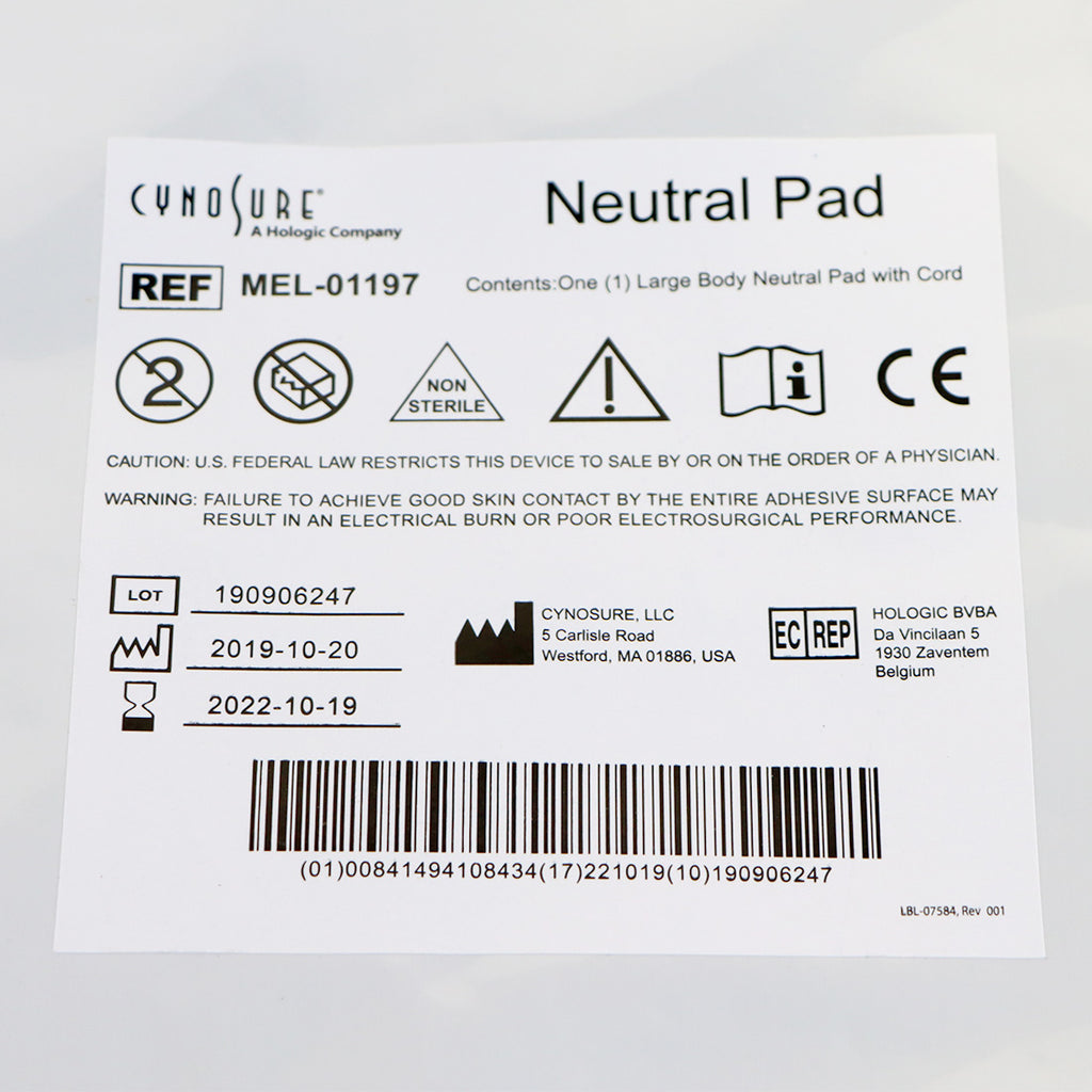 Cynosure RF Electrosurgical Large Body Neutral Pad with Cord MEL-01197, Single