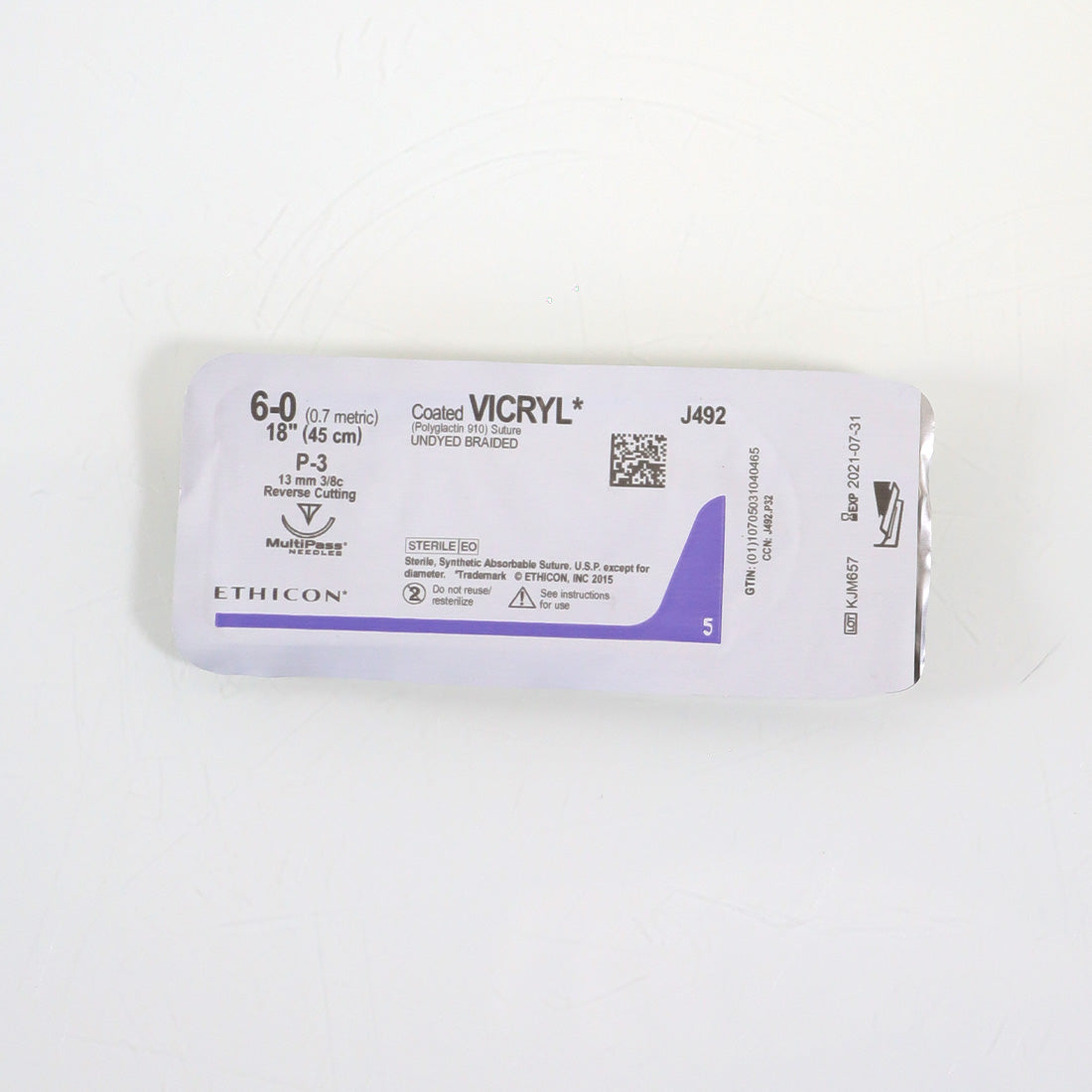 Ethicon 6-0 18" J492 P-3 Coated VICRYL Undyed Braided Conventional Suture x1