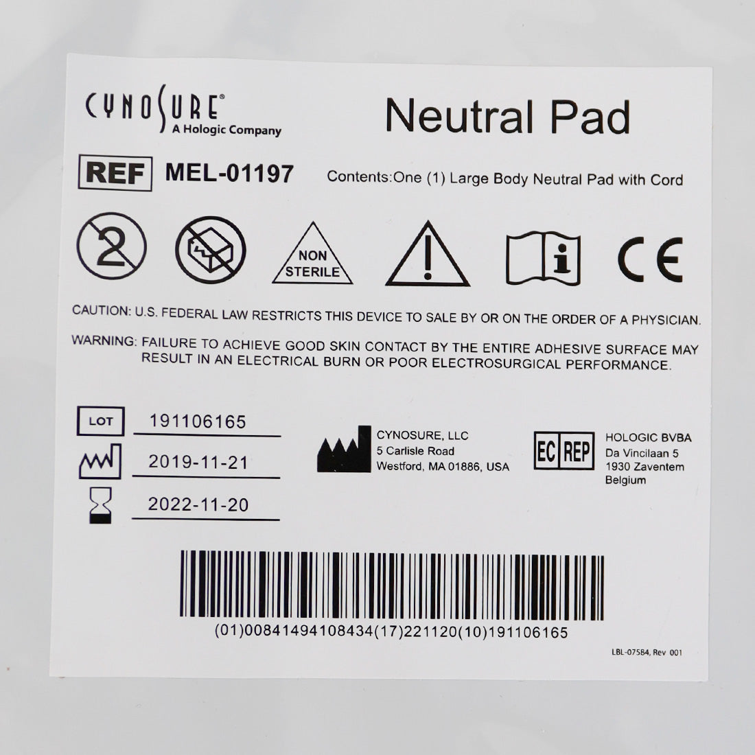 Ellman Cynosure Large Body RF Neutral Pad w/ Cord Electrosurgical MEL-01221 x25