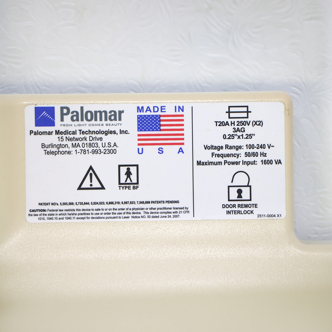 Palomar Medical ICON Laser T20A Back Cover PART OEM Factory Plate 2511-0004 X1