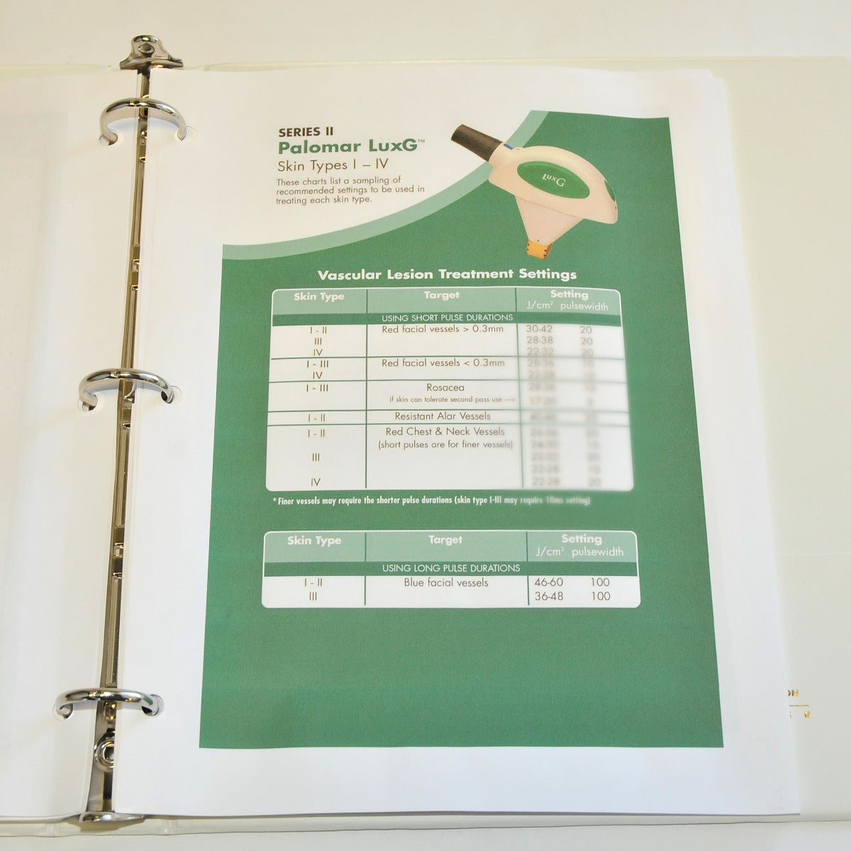 Palomar STARLUX Handpiece Treatment Guide LuxG LuxY LuxR LuxRS LuxV Lux G Y R Rs