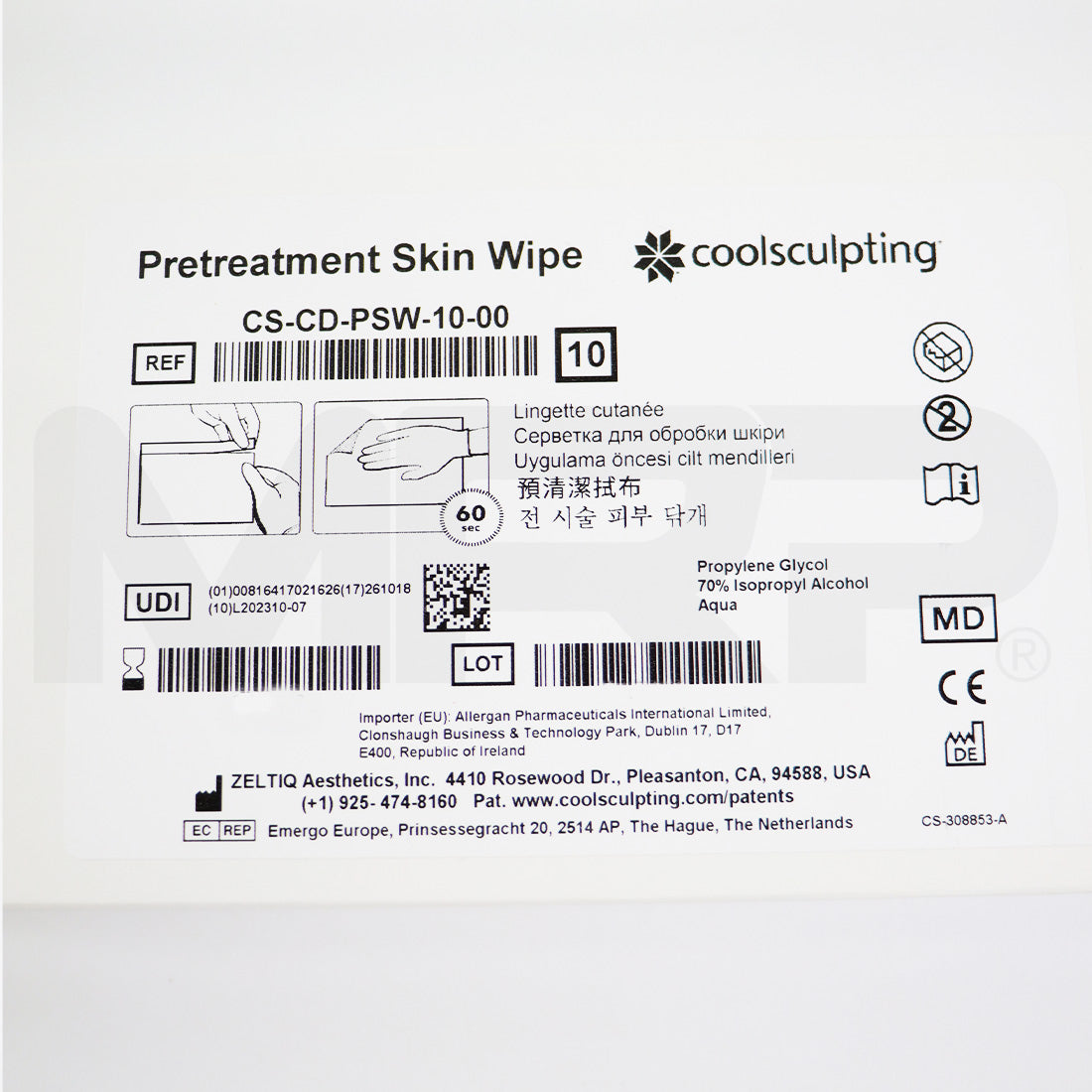 Zeltiq Pretreatment Skin Wipe CS-CD-PSW-10-00 - 10 Pack - Expired