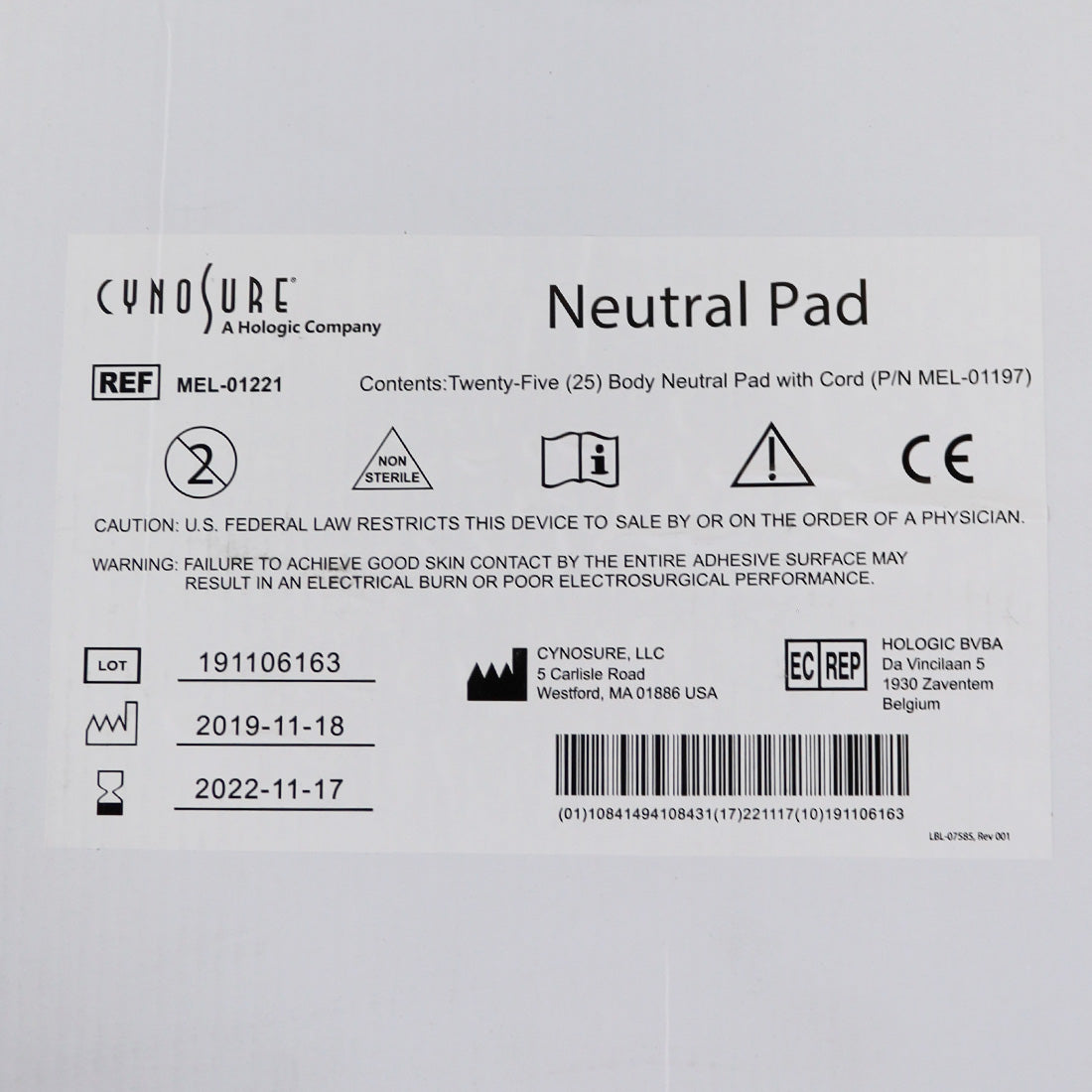 Ellman Cynosure Large Body Neutral Pad w/Cord RF Electrosurgical MEL-01197 x25