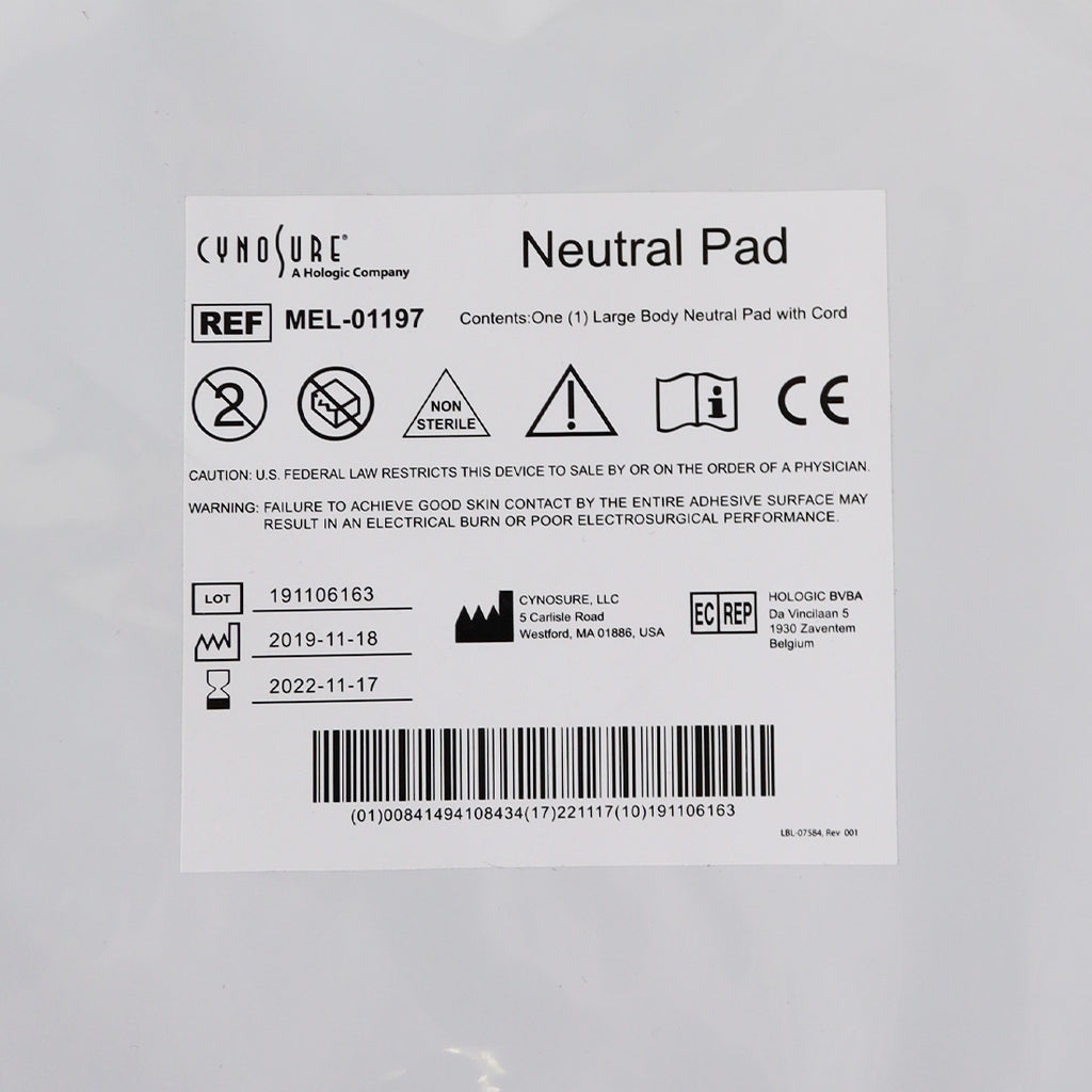 Ellman Cynosure Large Body Neutral Pad w/Cord RF Electrosurgical MEL-01197 x25