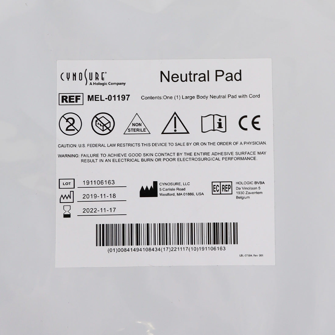 Ellman Cynosure Large Body Neutral Pad w/Cord RF Electrosurgical MEL-01197 x25