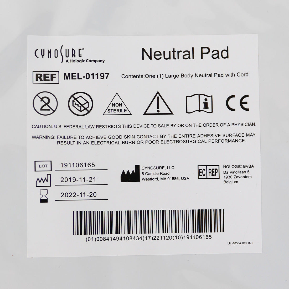 Ellman Cynosure Large Body Neutral Pad w/Cord RF Electrosurgical MEL-01197 x17