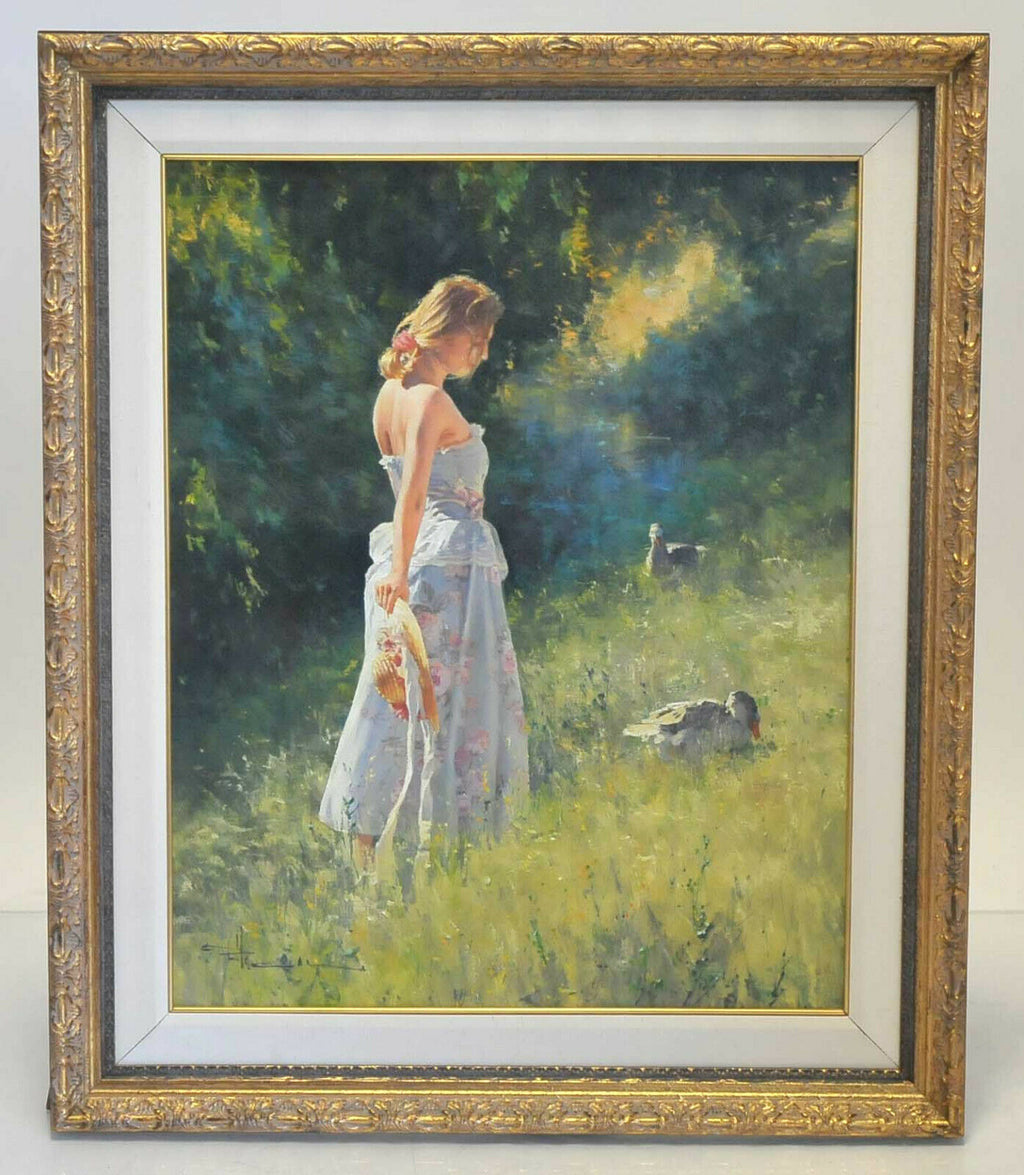 Robert Hagan Original Oil Painting Lady Tall Grass Hat Ducks Gold Frame Canvas