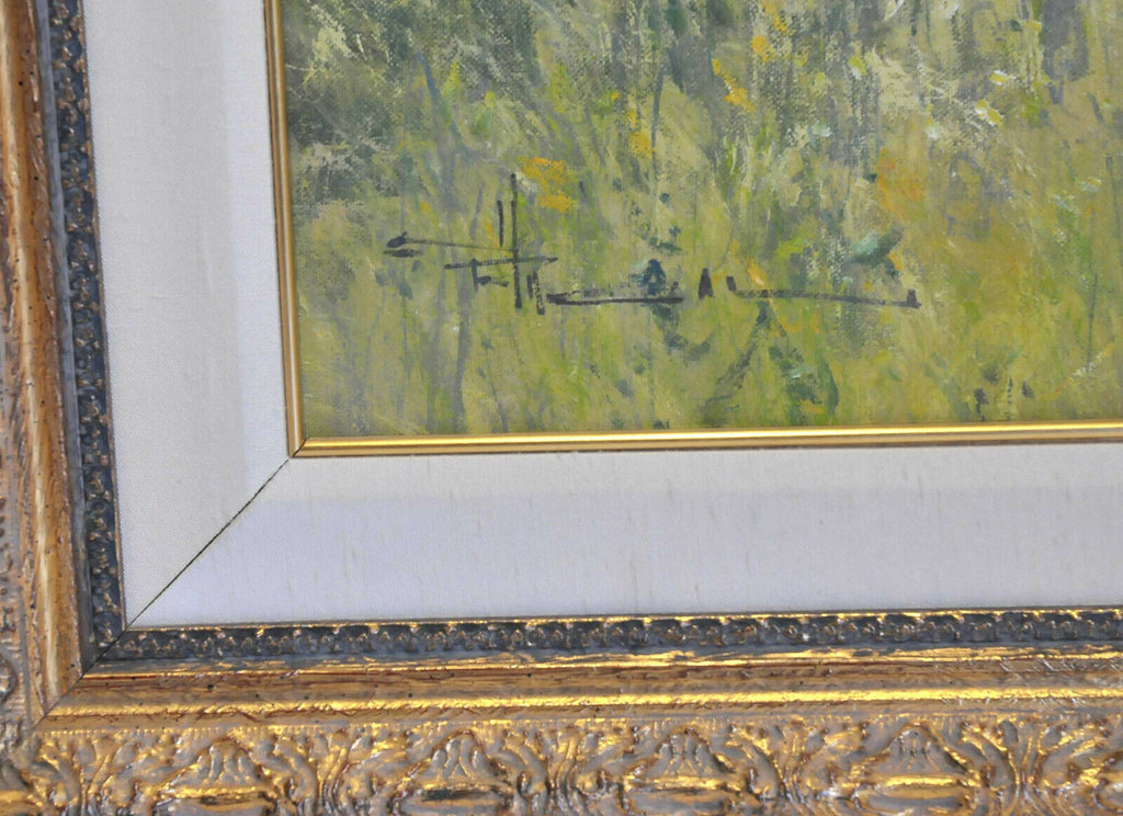 Robert Hagan Original Oil Painting Lady Tall Grass Hat Ducks Gold Frame Canvas