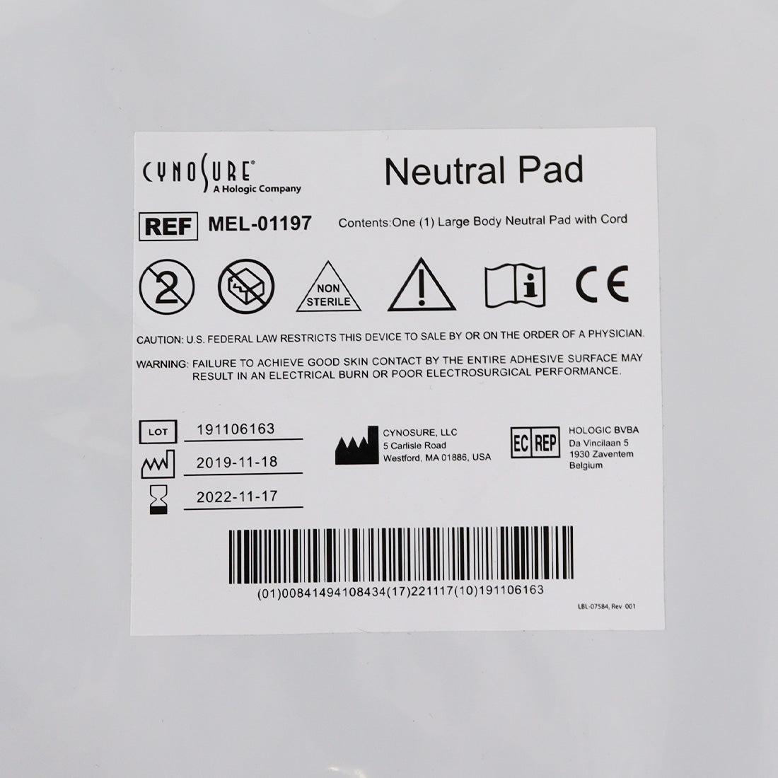 Ellman Cynosure Large Body Neutral Pad w/Cord RF Electrosurgical MEL-01197 x16