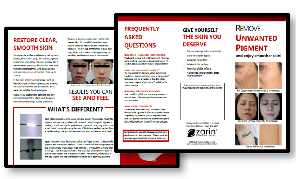 Zarin PicoCare450 Laser Tattoo Removal BROCHURE Pigment Moles Marketing 50-Pack