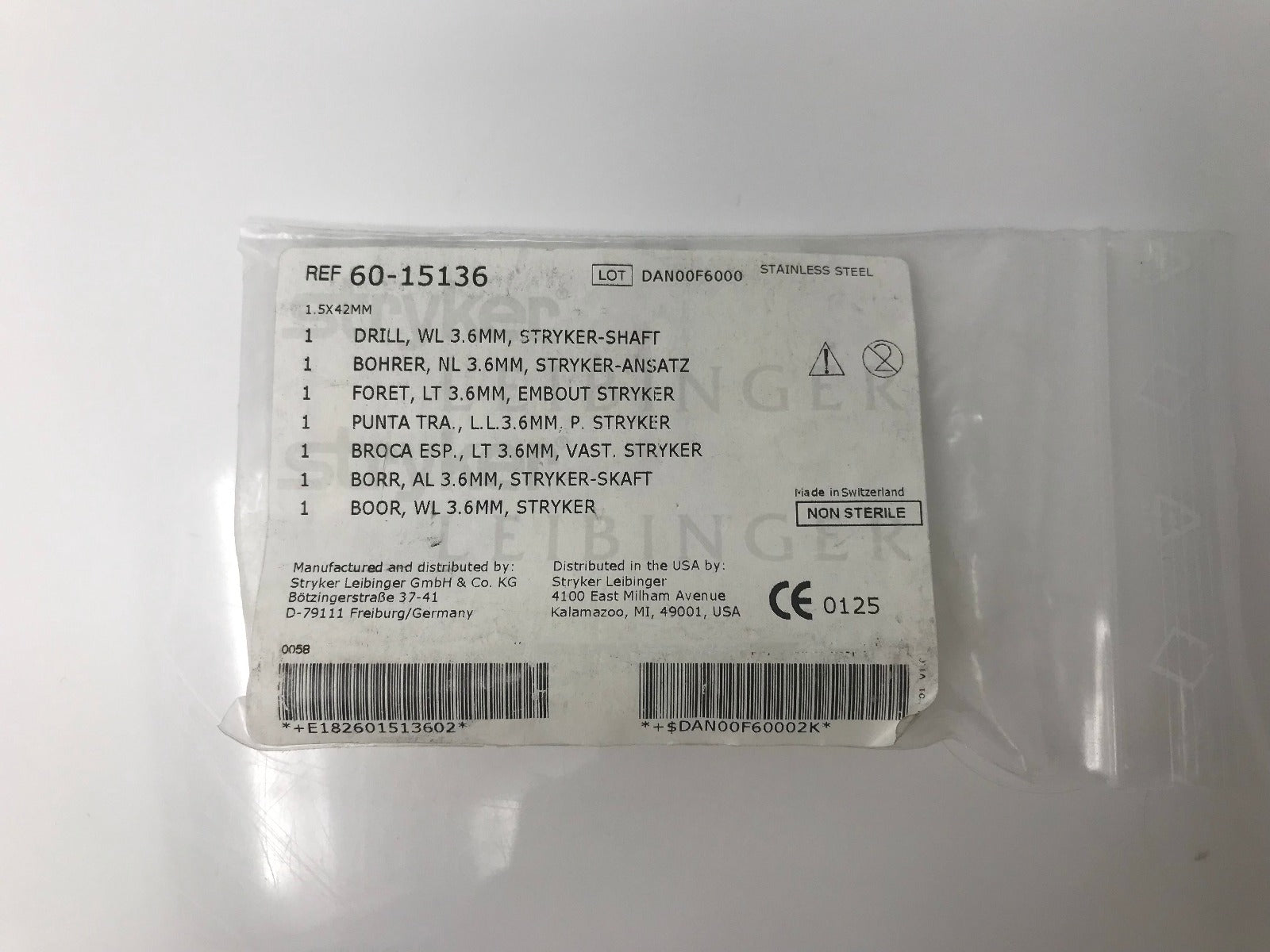 Stryker Leibinger Surgical WL 3.6mm by 1.5mm Twist Bone Drill Bit 60-15136