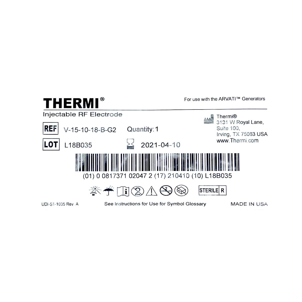 Thermi Arvati Injectable RF Electrode V-15-10-18-B-G2 Exp. 04/21