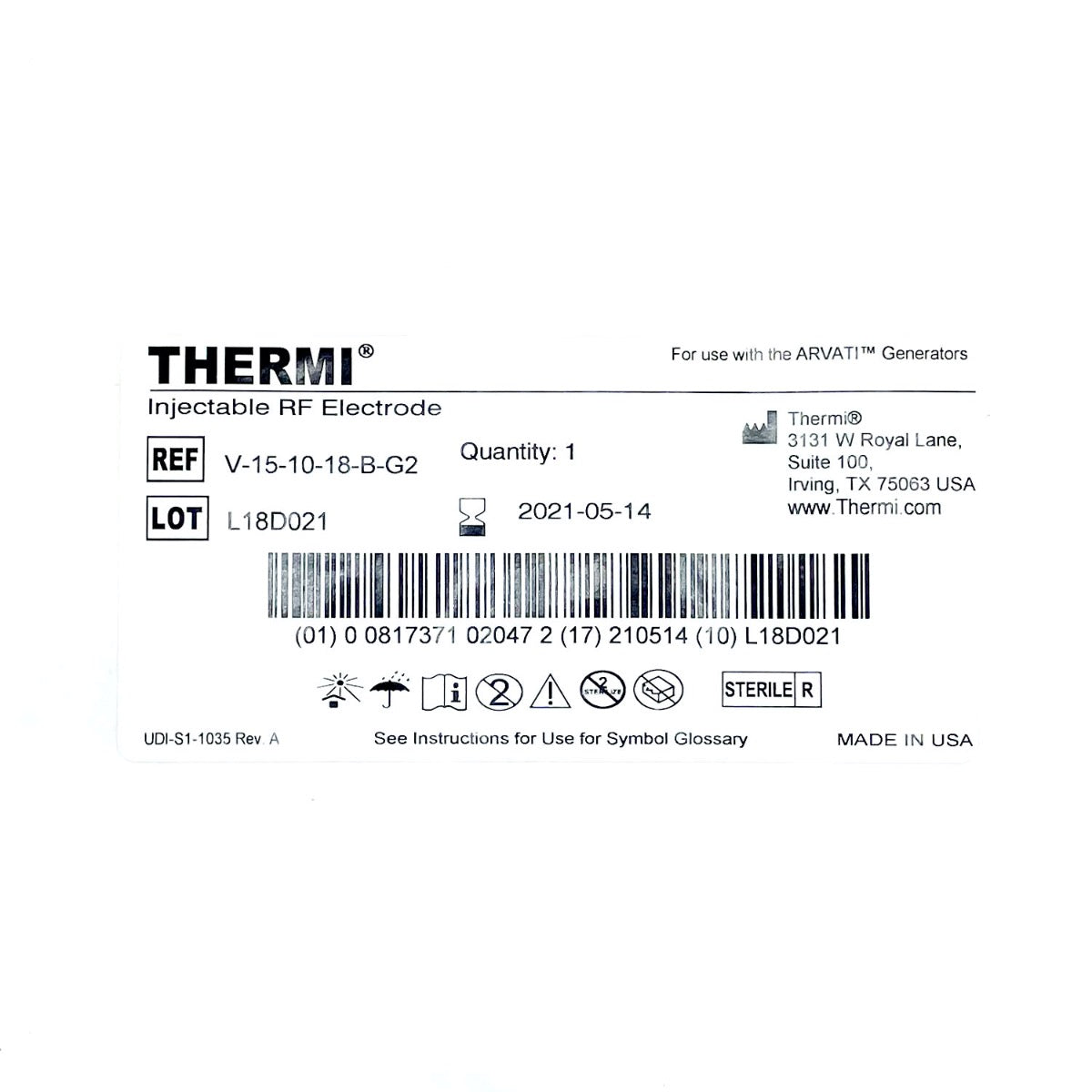 Thermi Arvati Injectable RF Electrode V-15-10-18-B-G2 Exp. 05/21