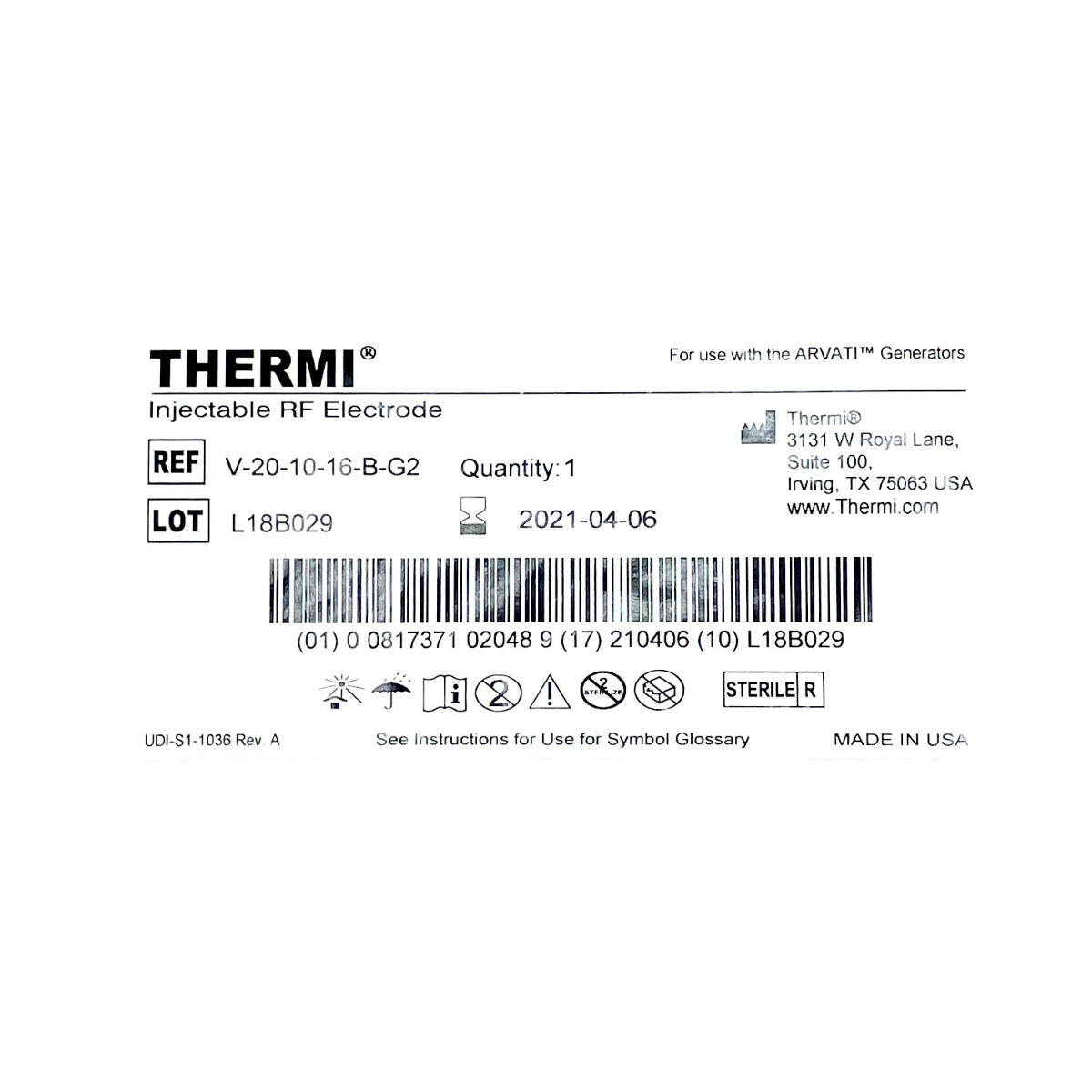 Thermi Arvati Injectable RF Electrode V-20-10-16-B-G2 Exp. 04/21