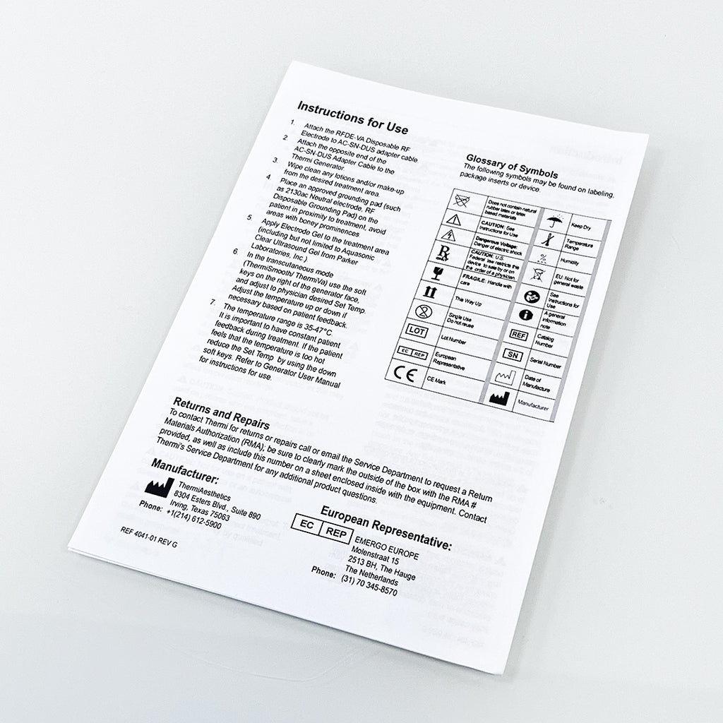 Thermi Aesthetics RFDE-VA Disposable RF Electrode Instruction Manual 4041-01