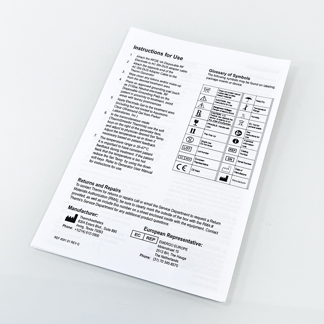 Thermi Aesthetics RFDE-VA Disposable RF Electrode Instruction Manual 4041-01