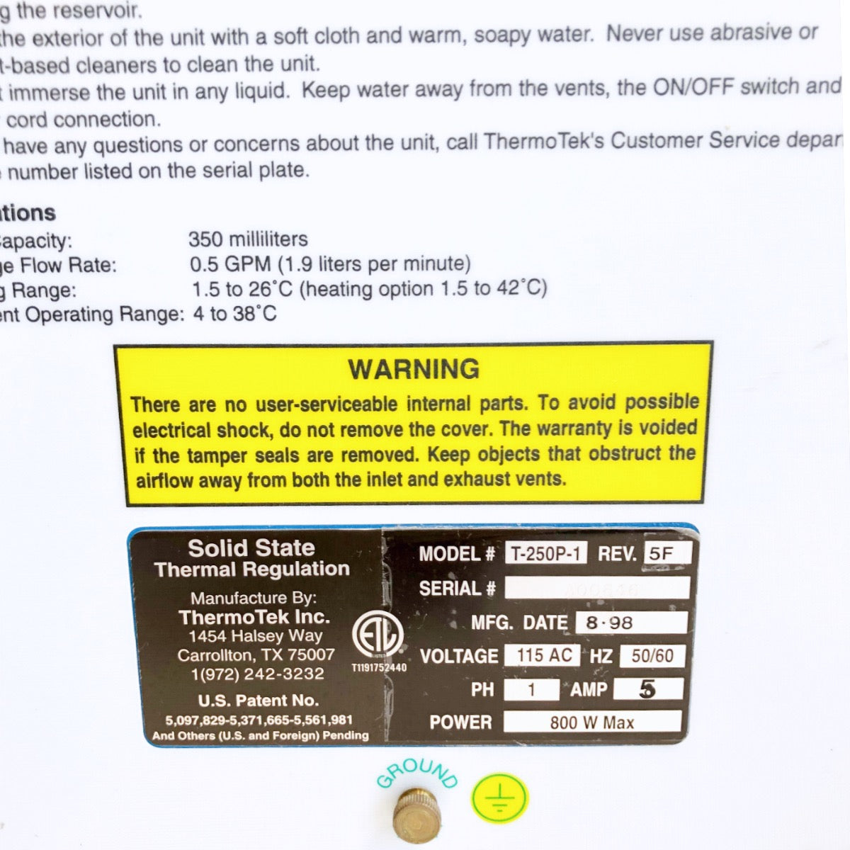 ThermoTek T-250P-1 Solid State Temperature Regulation Control Laser Chiller