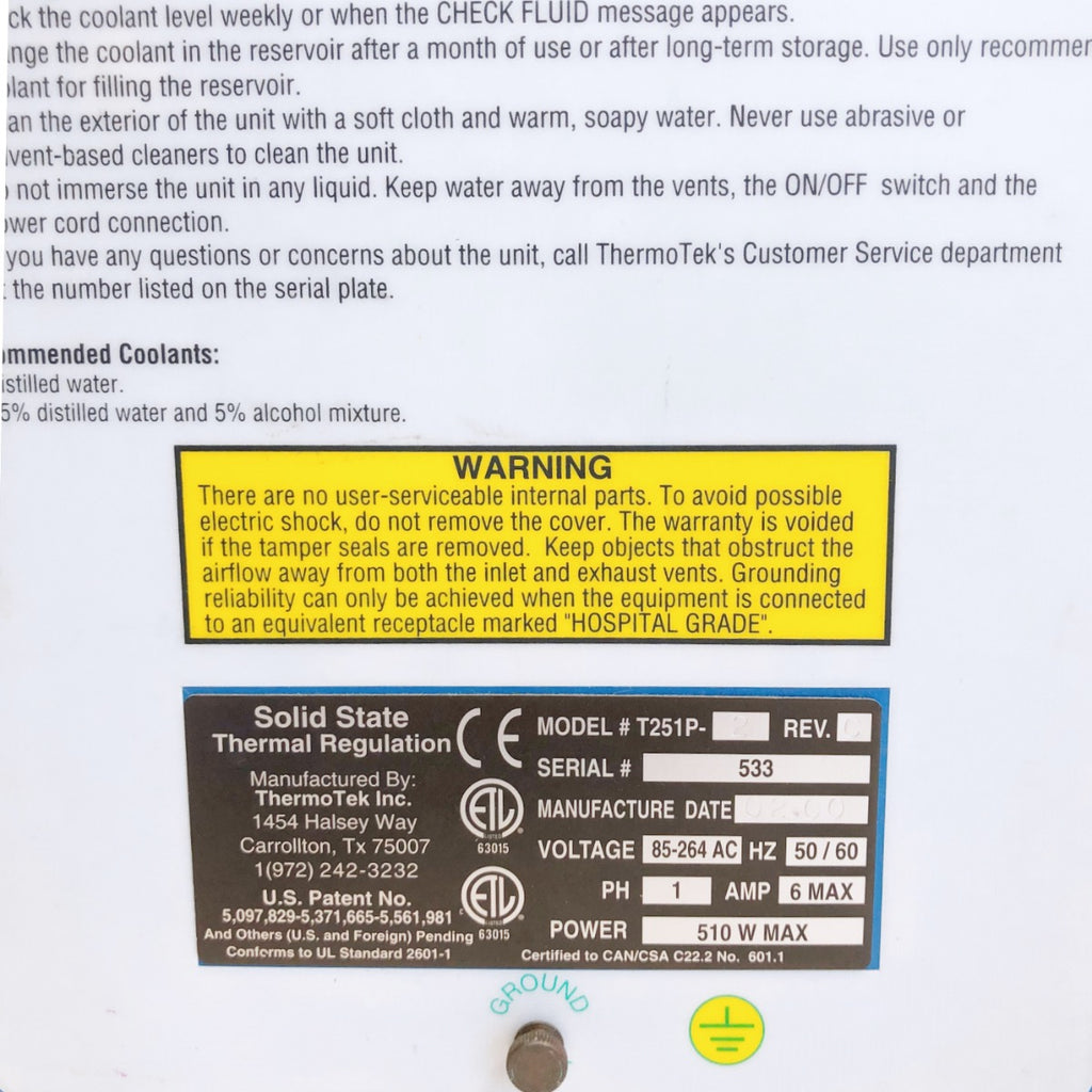 ThermoTek Solid State Temperature Regulation Control T251P-2 Laser Chiller