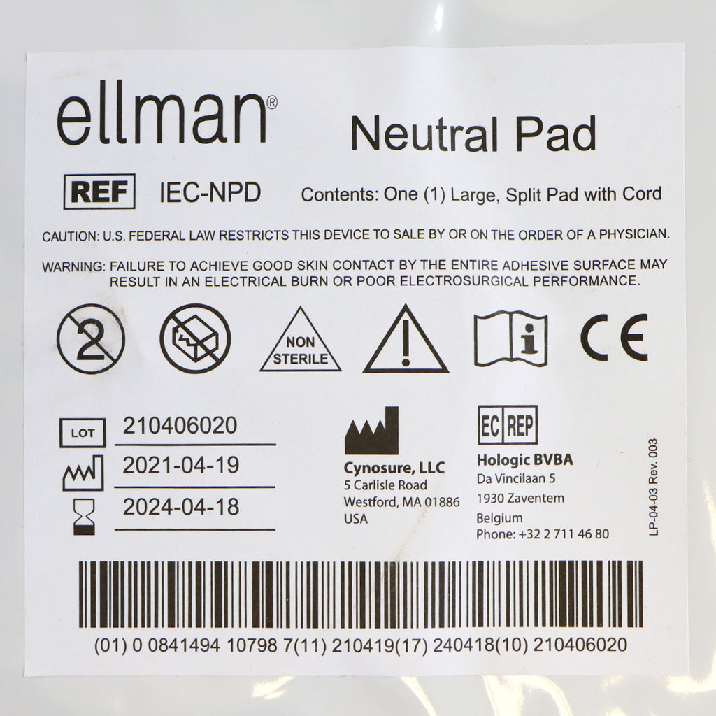 Ellman RF Electrosurgical Large Neutral Split Pad w/Cord IEC-NPD x9 Pack EXP2024
