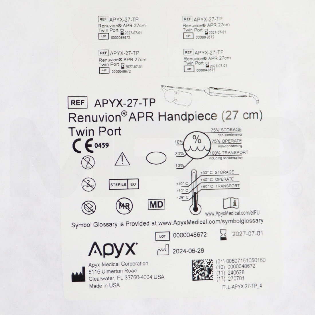 Apyx Renuvion APR Twin Port 27cm Handpiece APYX-27-TP EXP 07/2027