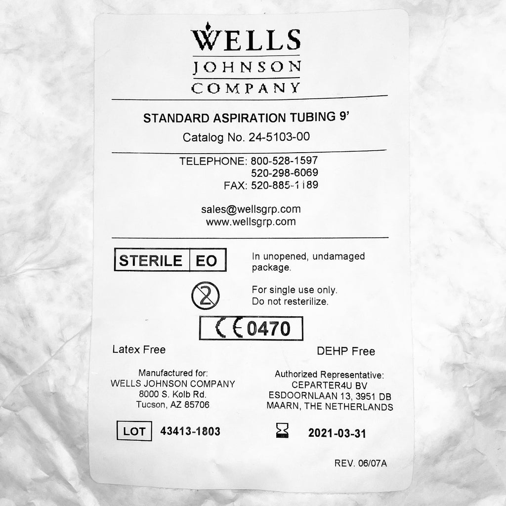 Wells Johnson 9' Standard Aspiration Tubing 24-5103-00 Exp. 03/31/2021