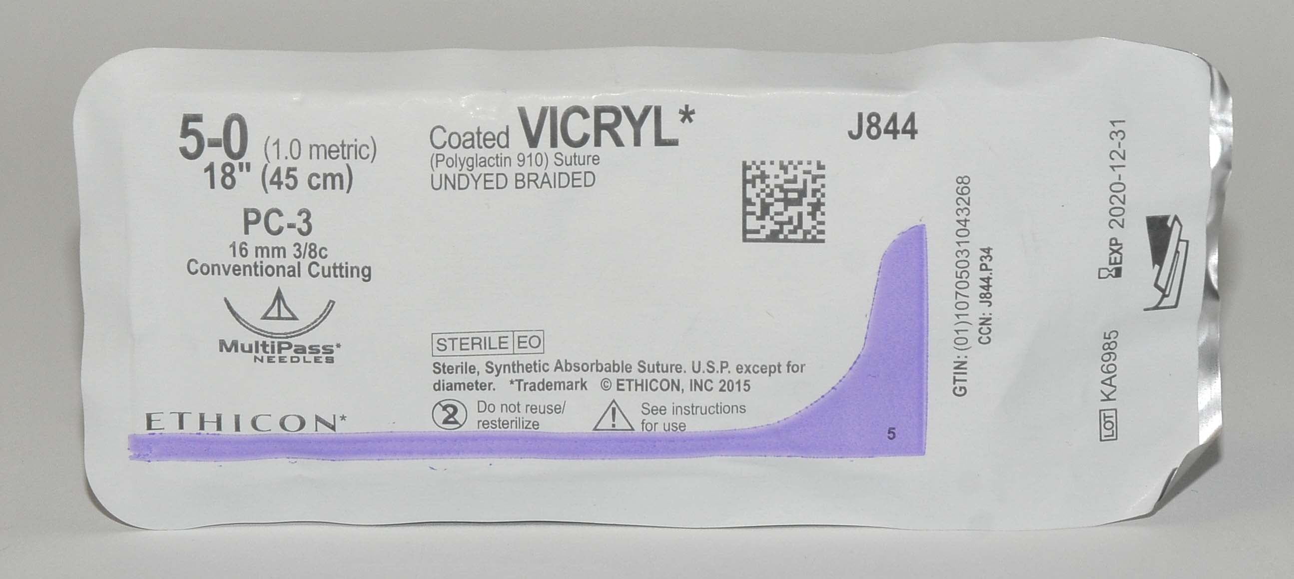 Ethicon 5-0 Coated VICRYL J844 Undyed Braided Conventional Cutting Suture x10Pcs