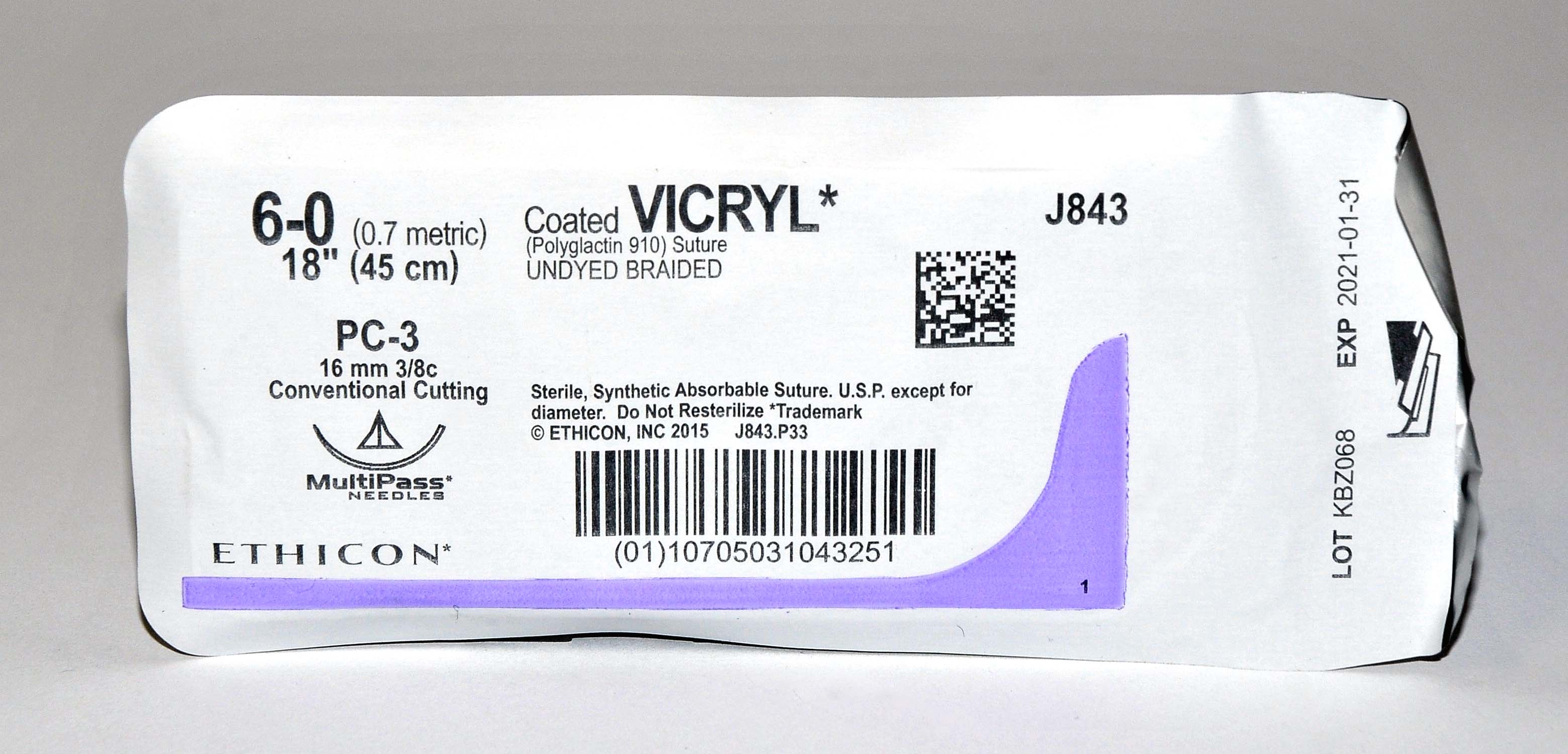 (x12) Ethicon 6-0 J843 Coated VICRYL Undyed Braided Conventional Cutting Suture