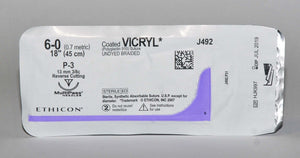 (x7 Pcs) Ethicon 6-0 Coated VICRYL J492 Undyed Braided Reverse Cutting Suture