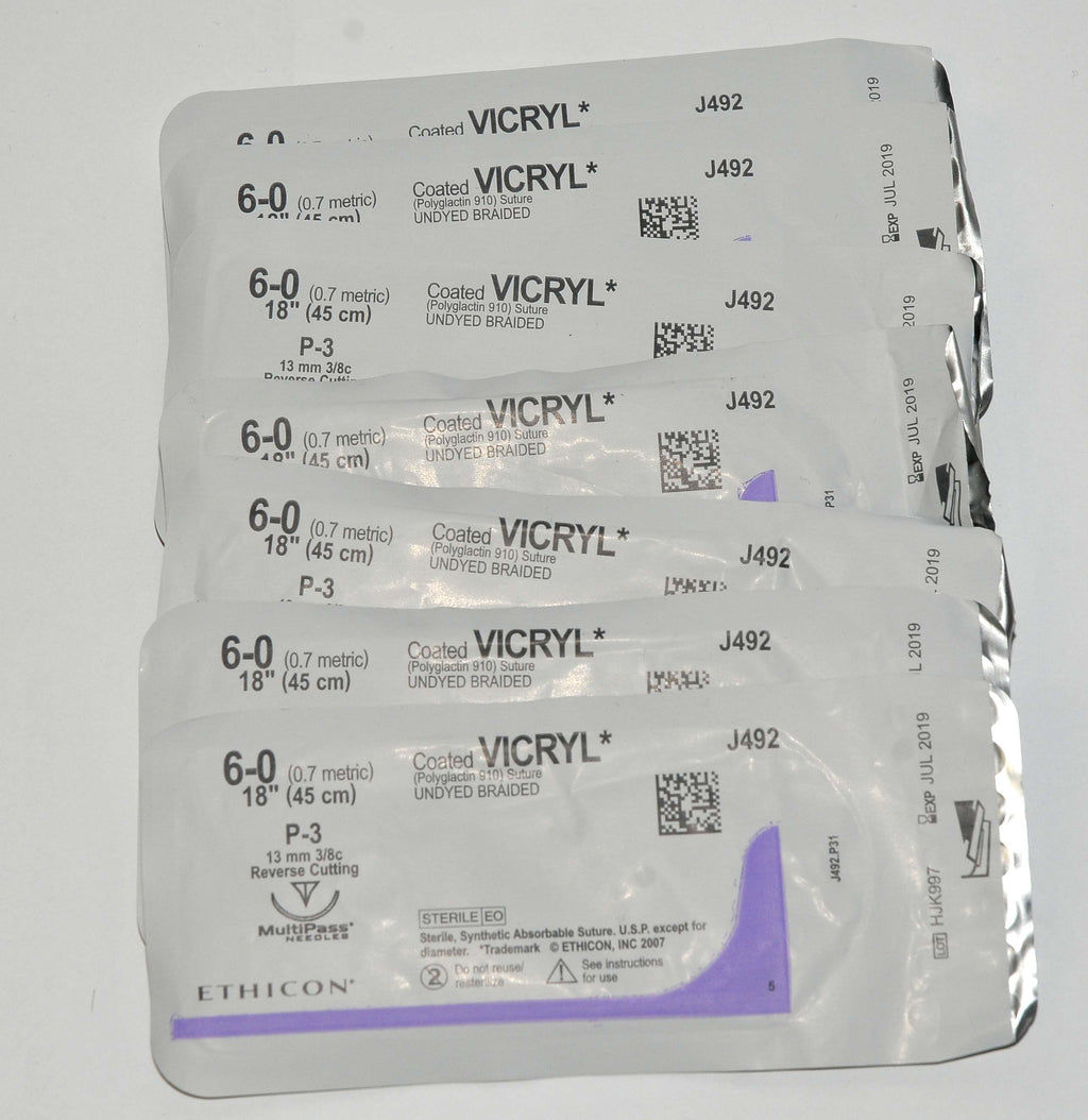 (x7 Pcs) Ethicon 6-0 Coated VICRYL J492 Undyed Braided Reverse Cutting Suture
