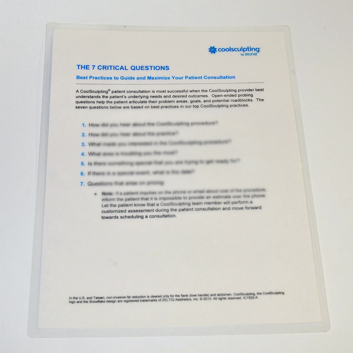 ZELTIQ CoolSculpting "7 Critical Questions" Best Practice Guide Patient Brochure