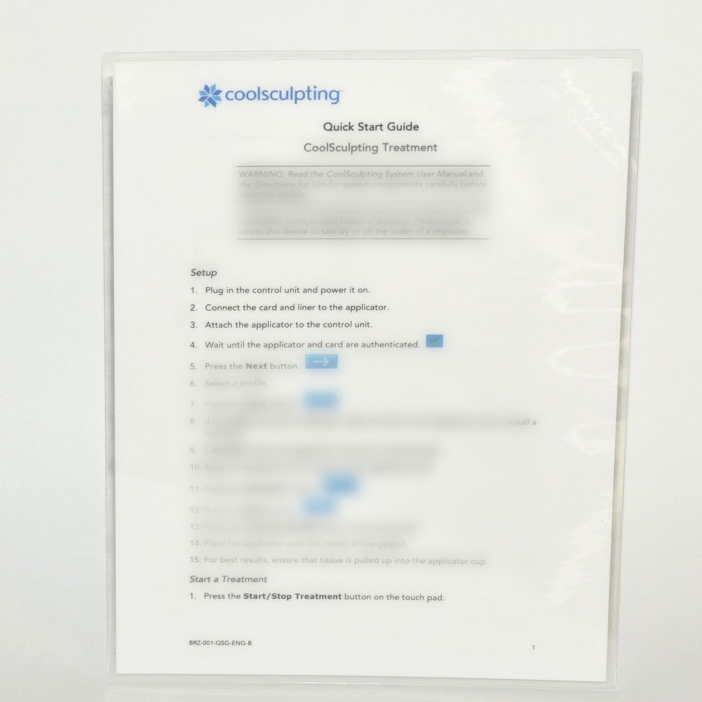 Zeltiq CoolSculpting Quick Start Treatment Guide BRZ-001-QSG-ENG-B