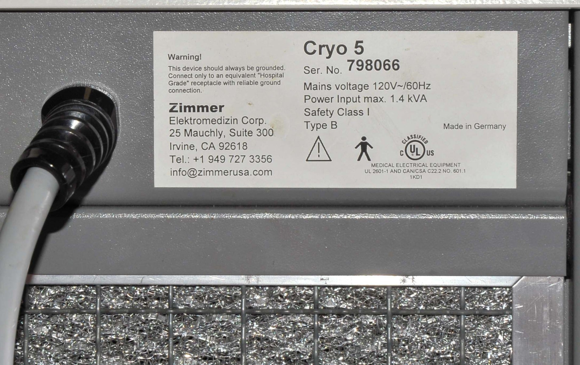 Zimmer Cryo5 CHILLER Skin Cooling Epidermal SmartCool Cryo 5 Laser Syner-Cool